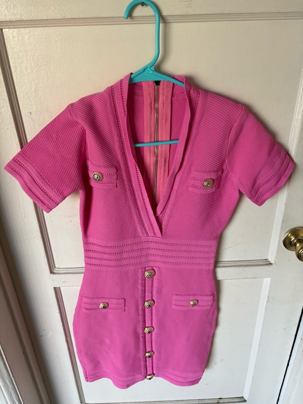 Vibrant Pink Short Sleeve Button Front Mini Dress